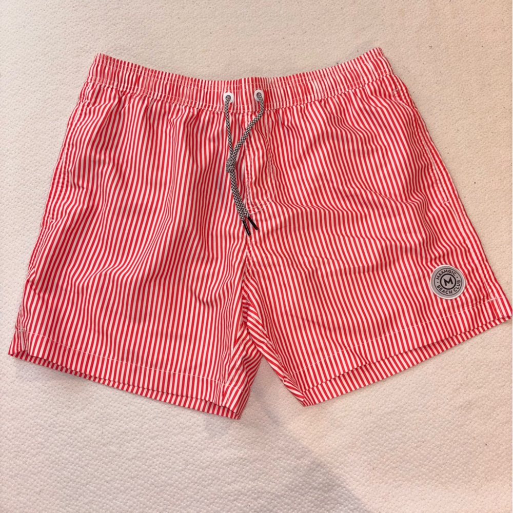 Classic Red Striped Swim Trunks